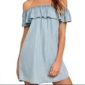 LOVE CULTURE OFF SHOULDER RUFFLE CHAMBRAY DRESS